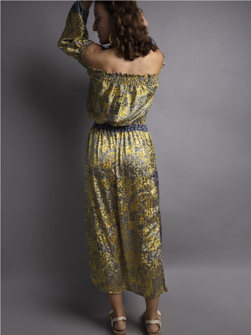 Abito Lungo Etnico con Scollo a Barca giallo – Radha