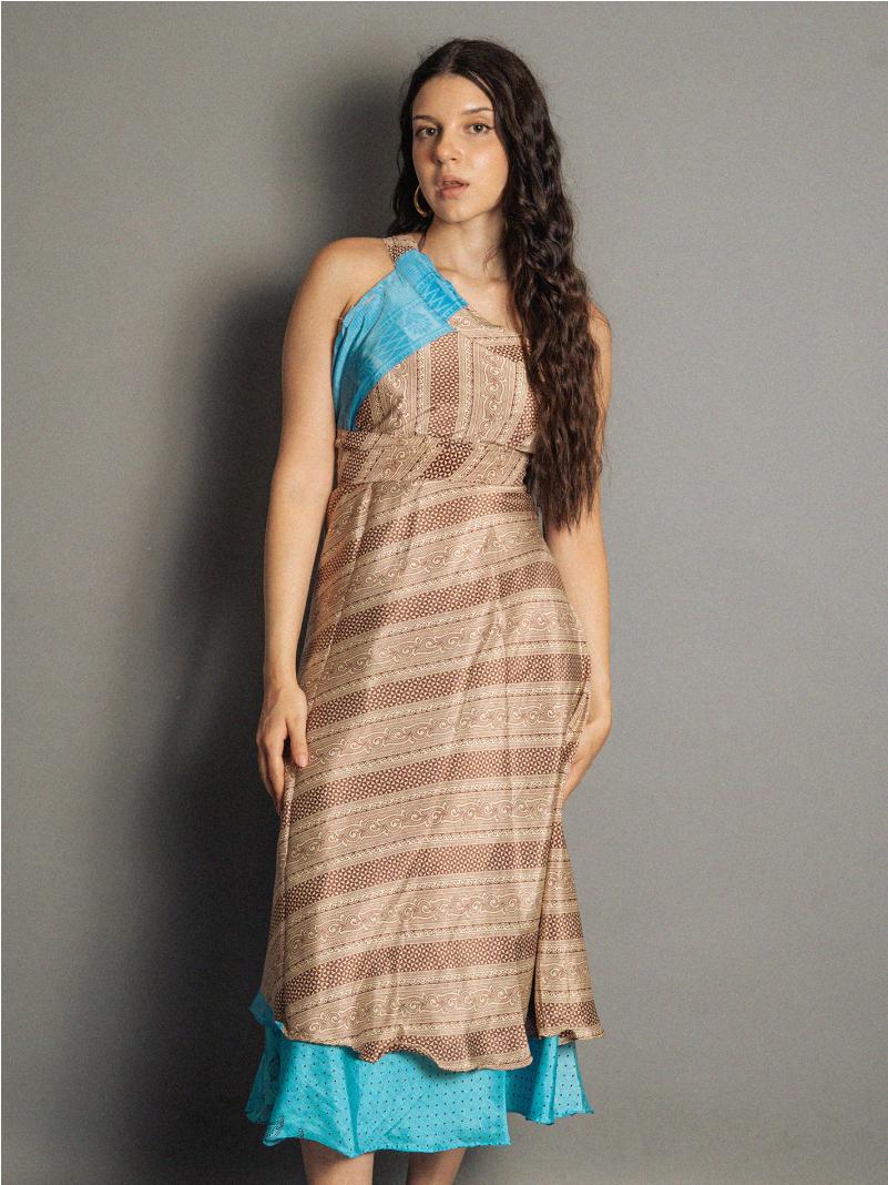 Gonna etnica lunga a portafoglio beige e celeste – India