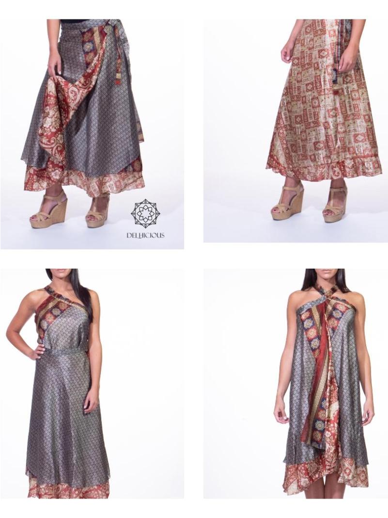 Gonna etnica lunga a portafoglio beige e celeste – India