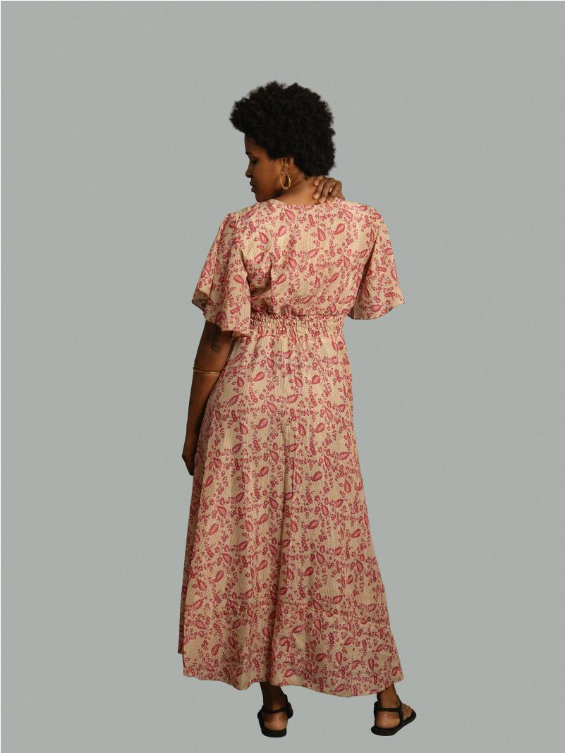 Abito lungo maniche corte foglioline rosse - Parvati