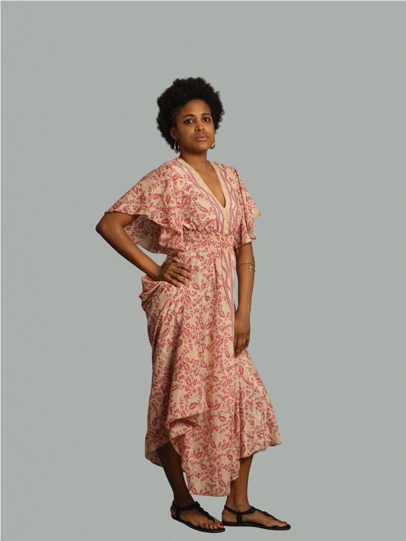 Abito lungo maniche corte foglioline rosse - Parvati