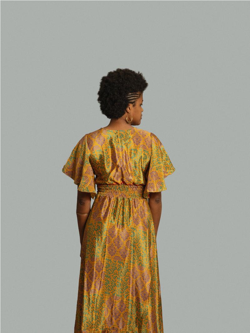 Abito lungo maniche corte giallo verde e viola - Parvati