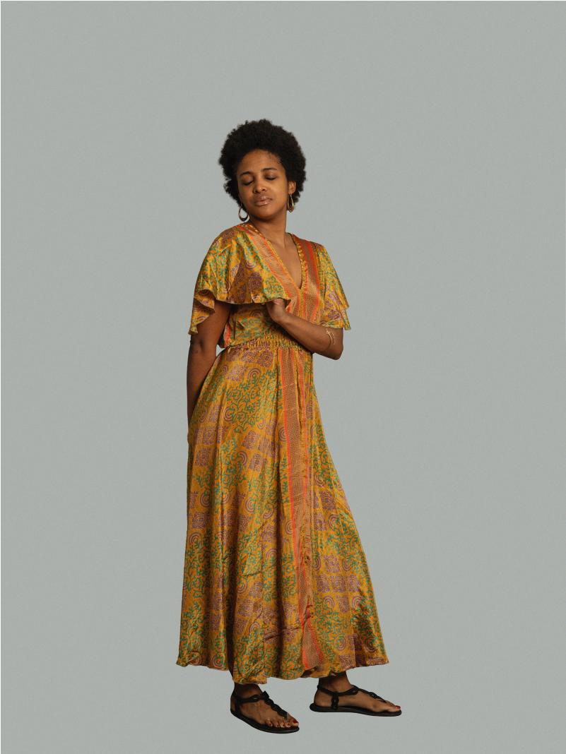 Abito lungo maniche corte giallo verde e viola - Parvati