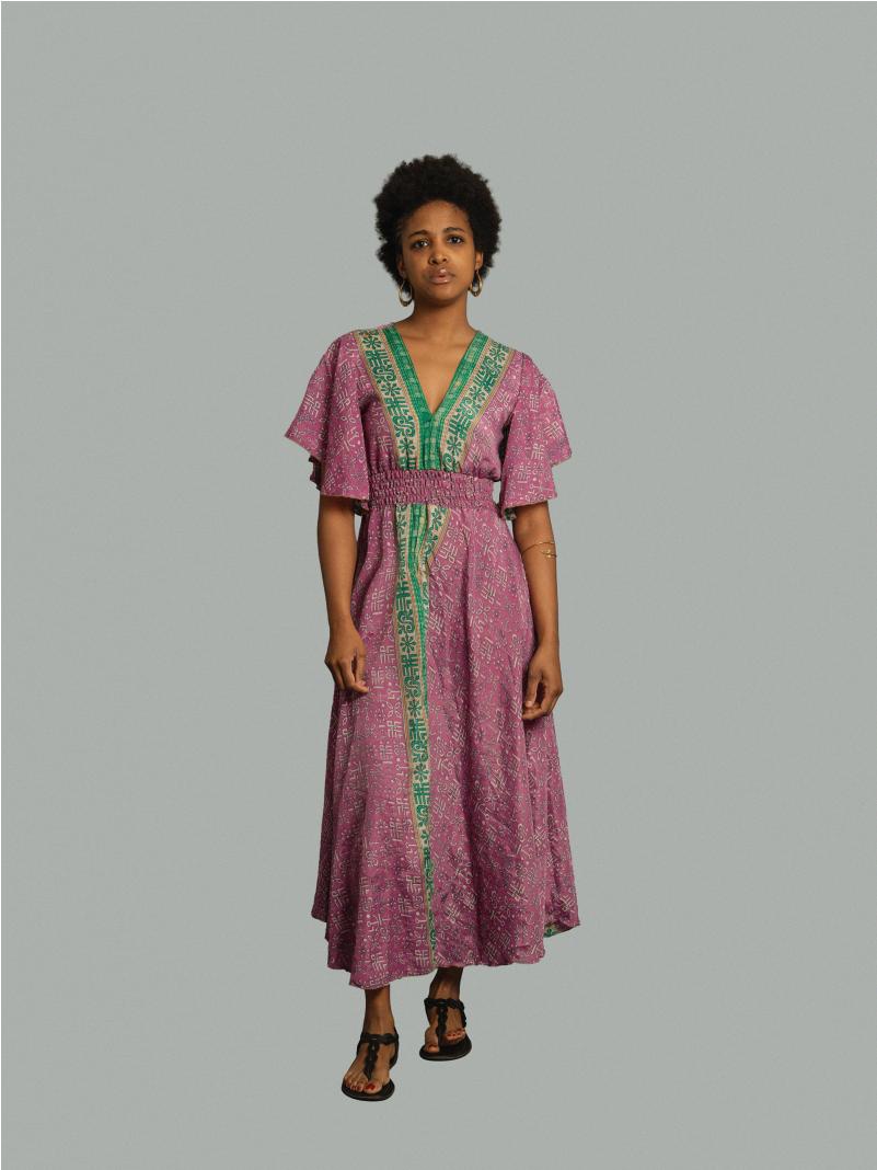 Abito lungo maniche corte rosa - Parvati