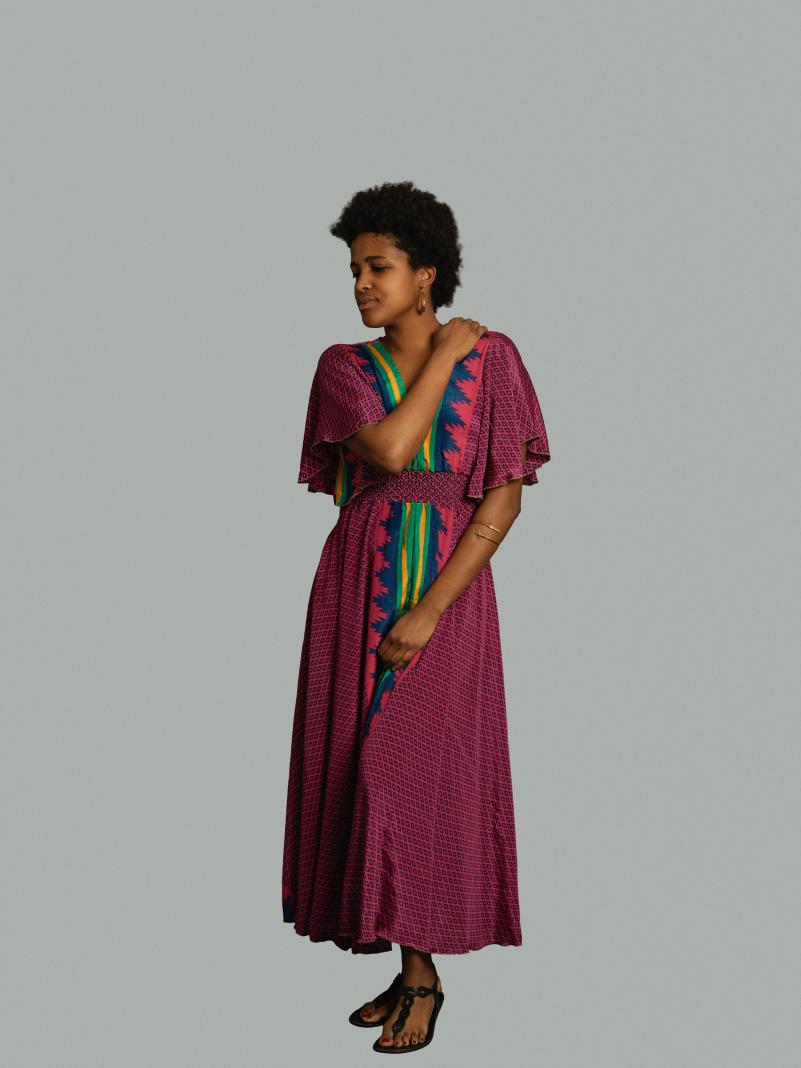 Abito lungo maniche corte magenta - Parvati