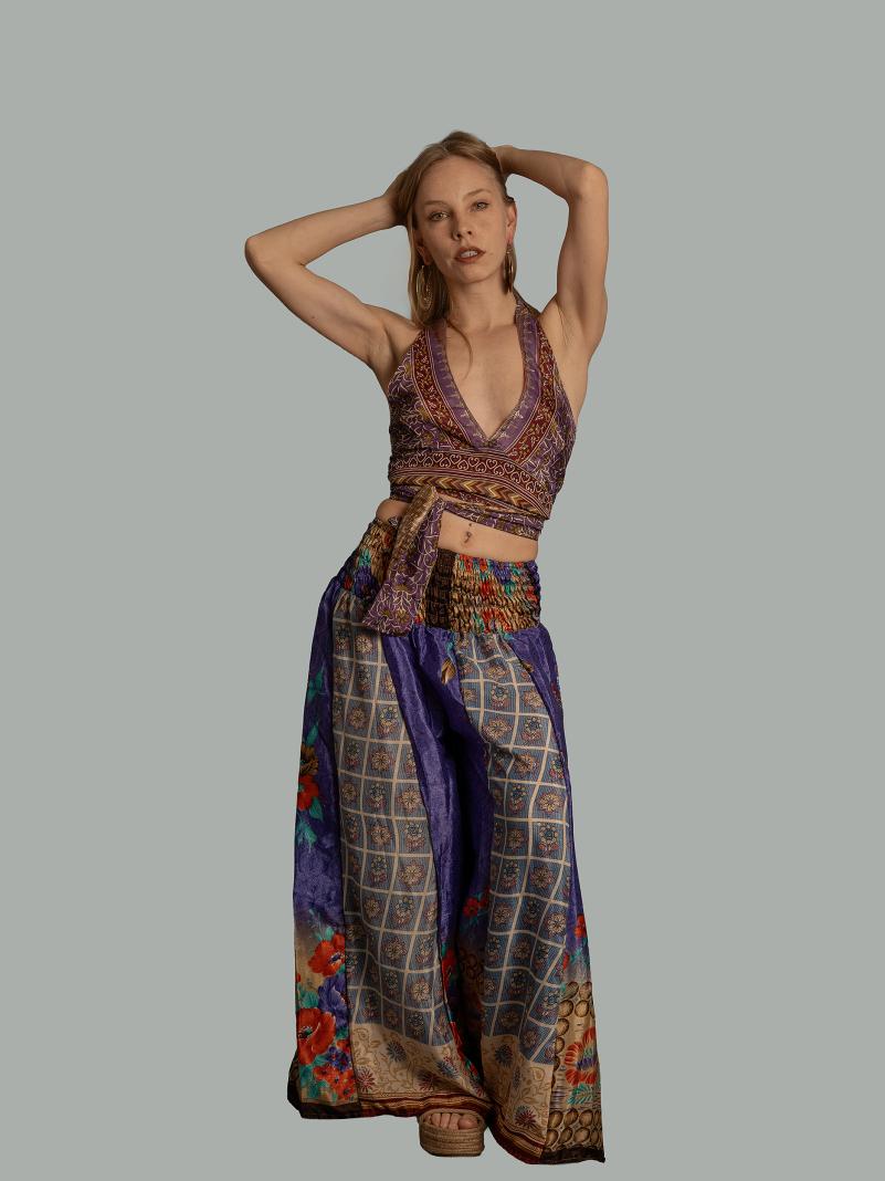 Pantalone etnico a palazzo doppia fantasia violetto – Loto