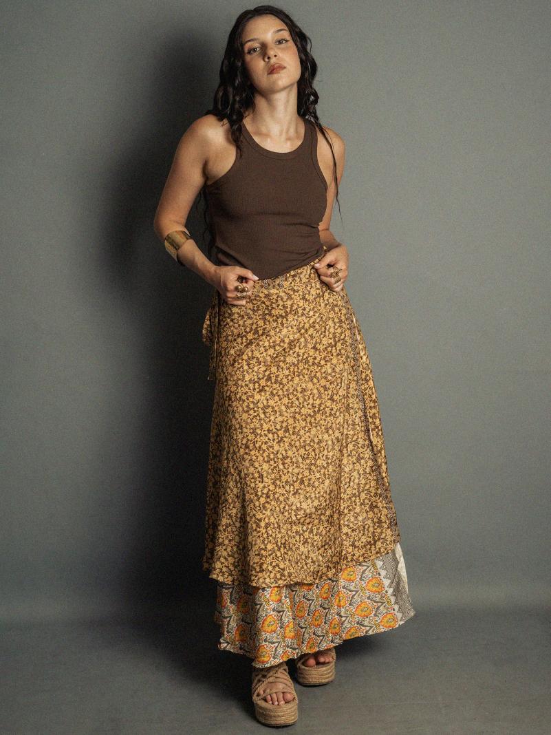 Gonna etnica lunga a portafoglio marrone e arancione – India