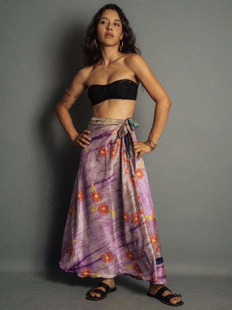 Gonna etnica lunga a portafoglio viola e verde – India