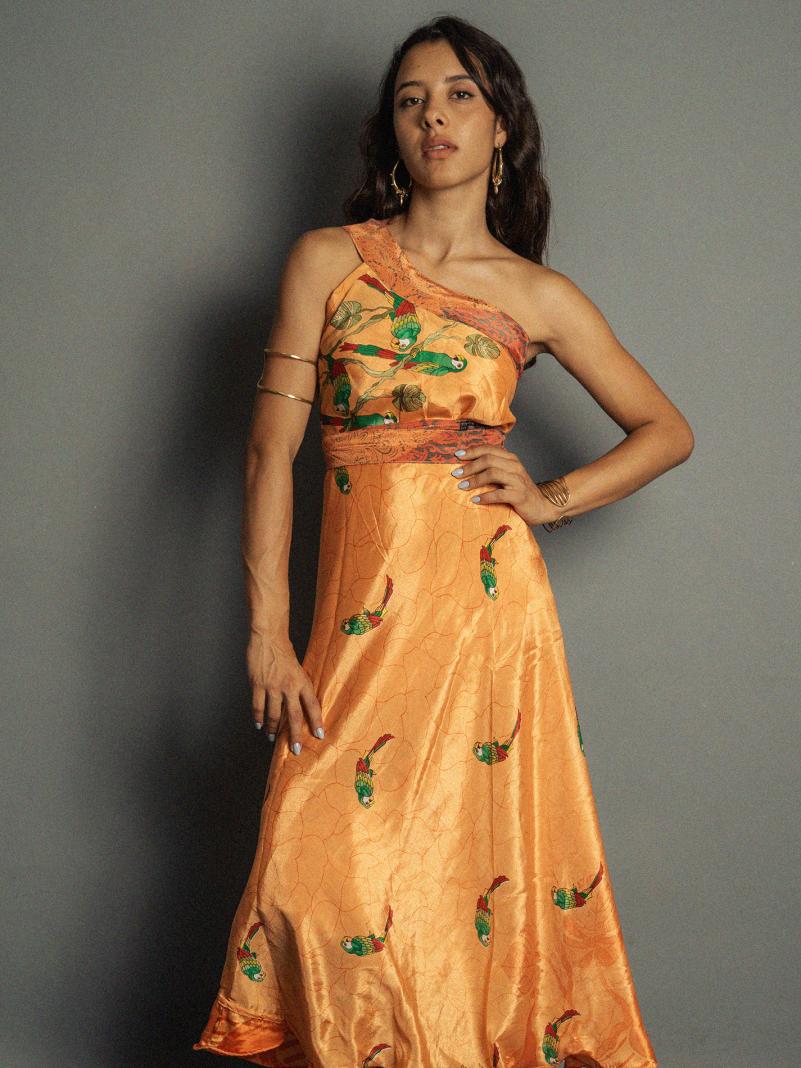 Gonna etnica lunga a portafoglio arancione con pappagalli – India