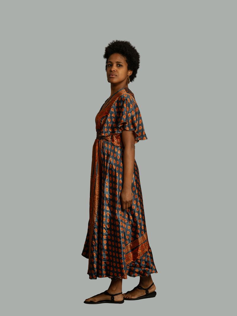 Abito lungo maniche corte blu e rosso - Parvati