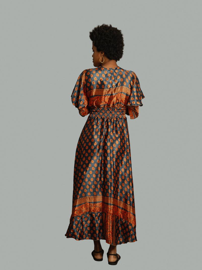 Abito lungo maniche corte blu e rosso - Parvati