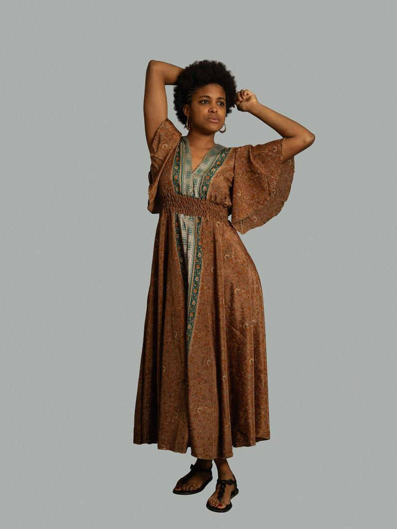 Abito lungo maniche corte marrone - Parvati