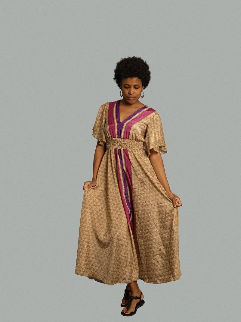 Abito lungo maniche corte ocra linee viola e rosa - Parvati