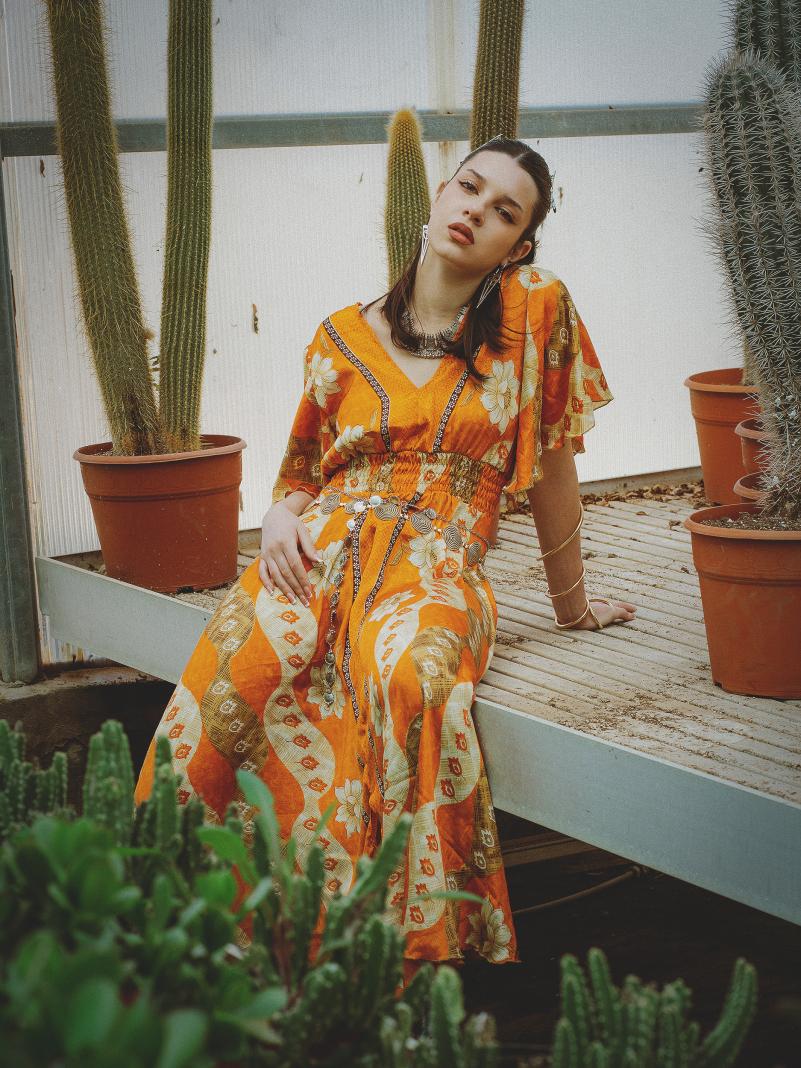 Abito lungo maniche corte arancione - Parvati