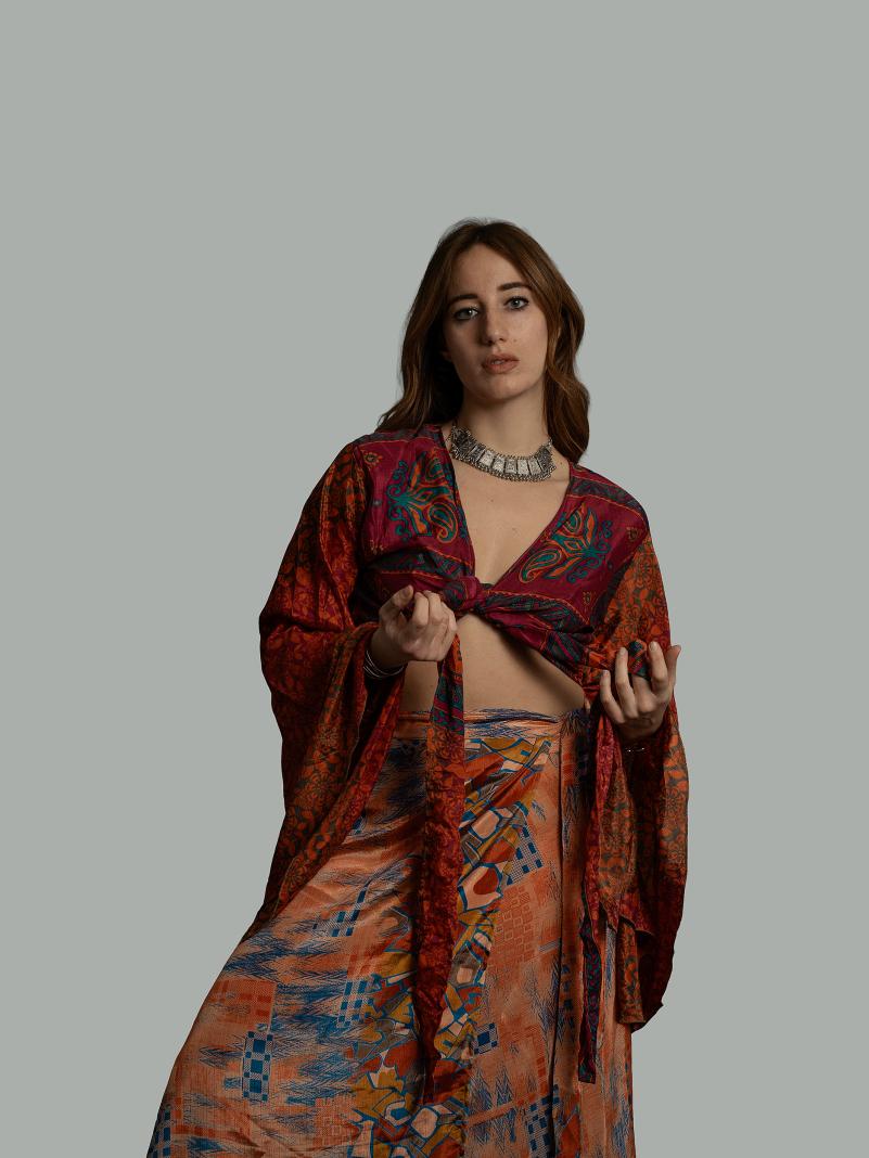 Wrap Top Manica larga viola e arancione – Gandhi