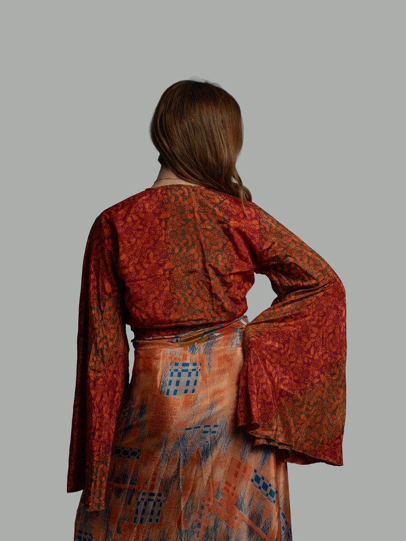 Wrap Top Manica larga viola e arancione – Gandhi