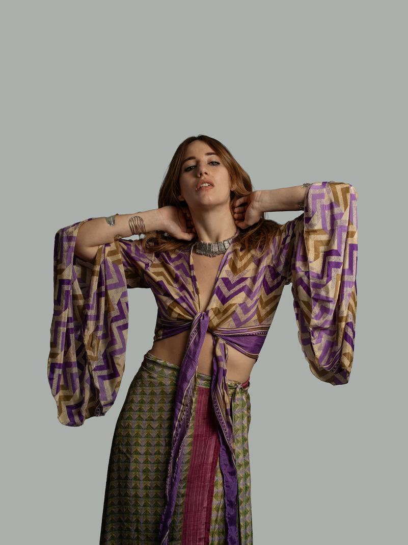 Wrap Top Manica larga viola e ocra – Gandhi