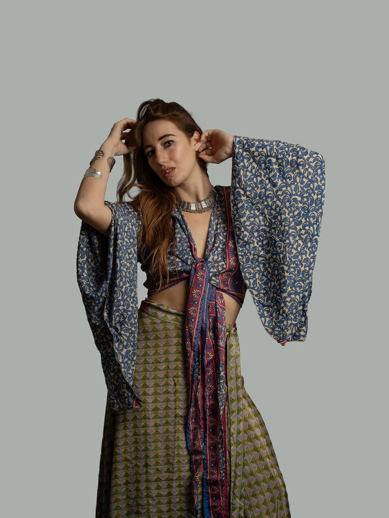 Wrap Top Manica larga bianco e azzurro – Gandhi