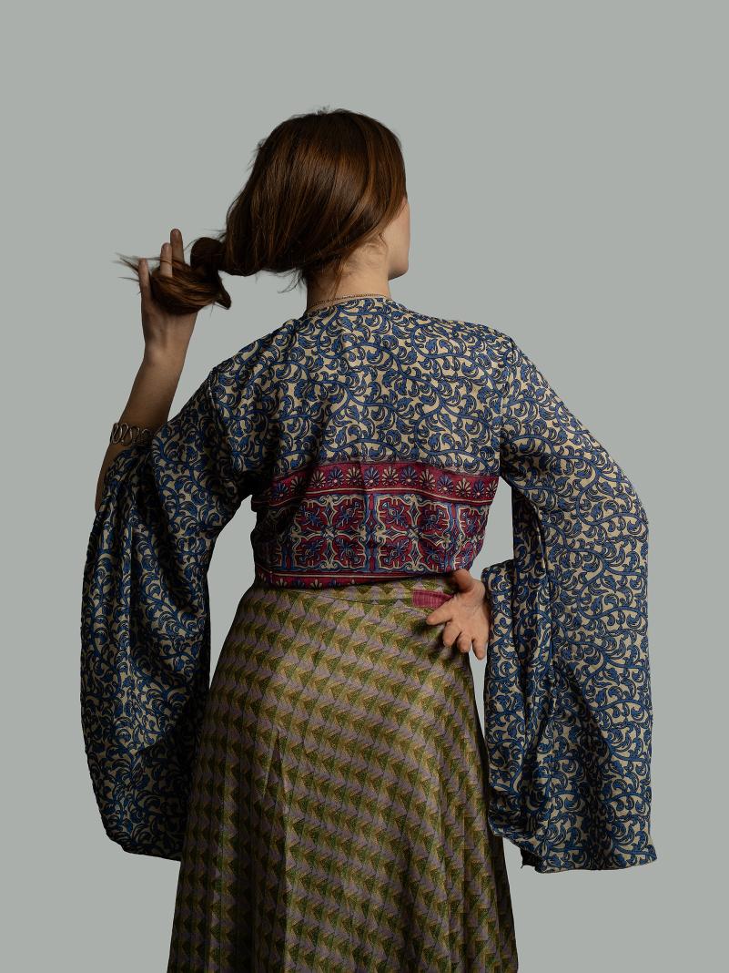 Wrap Top Manica larga bianco e azzurro – Gandhi