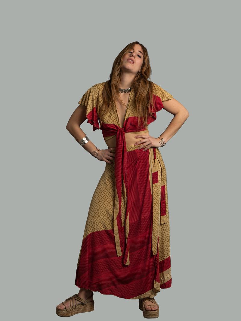 Wrap top e Gonna a Portafoglio ocra e rosso - Manali