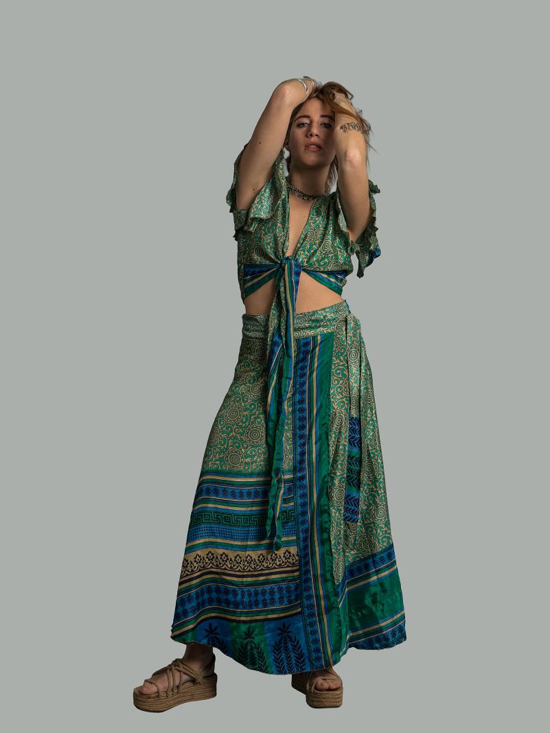 Wrap top e Gonna a Portafoglio verde e blu - Manali