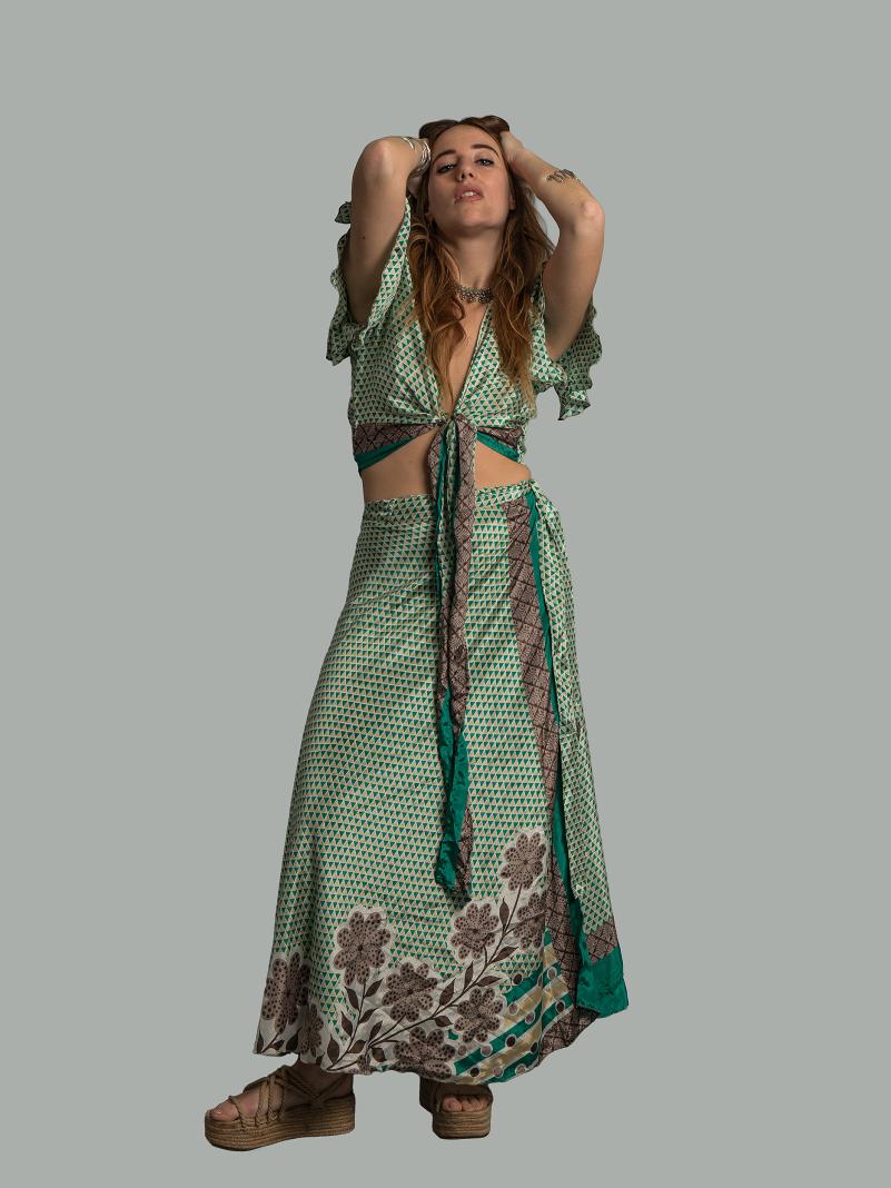 Wrap top e Gonna a Portafoglio verde e bianco - Manali