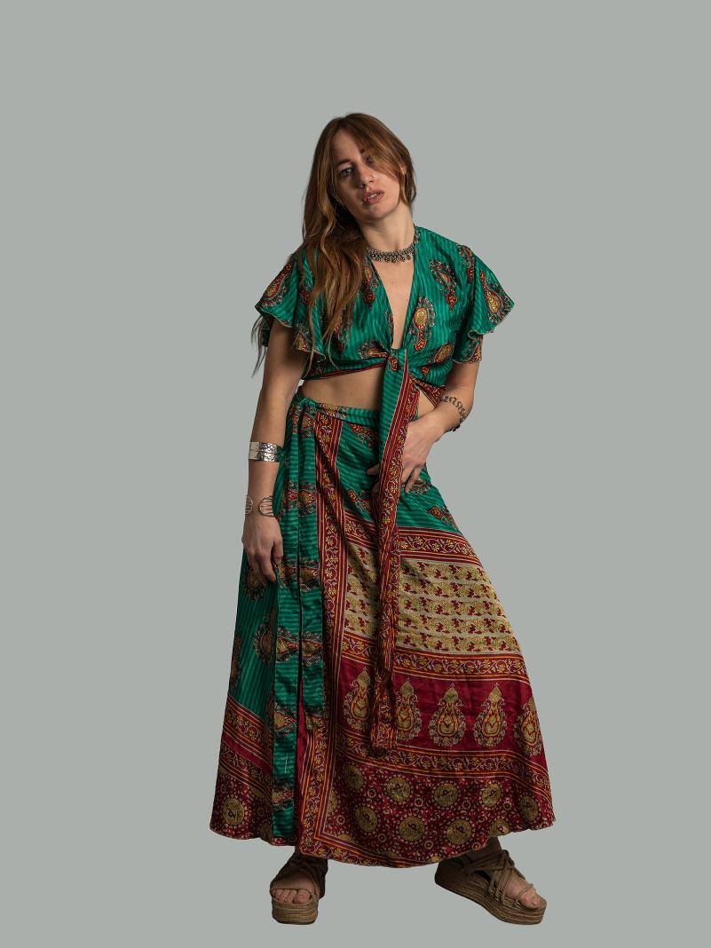 Wrap top e Gonna a Portafoglio verde e rosso - Manali