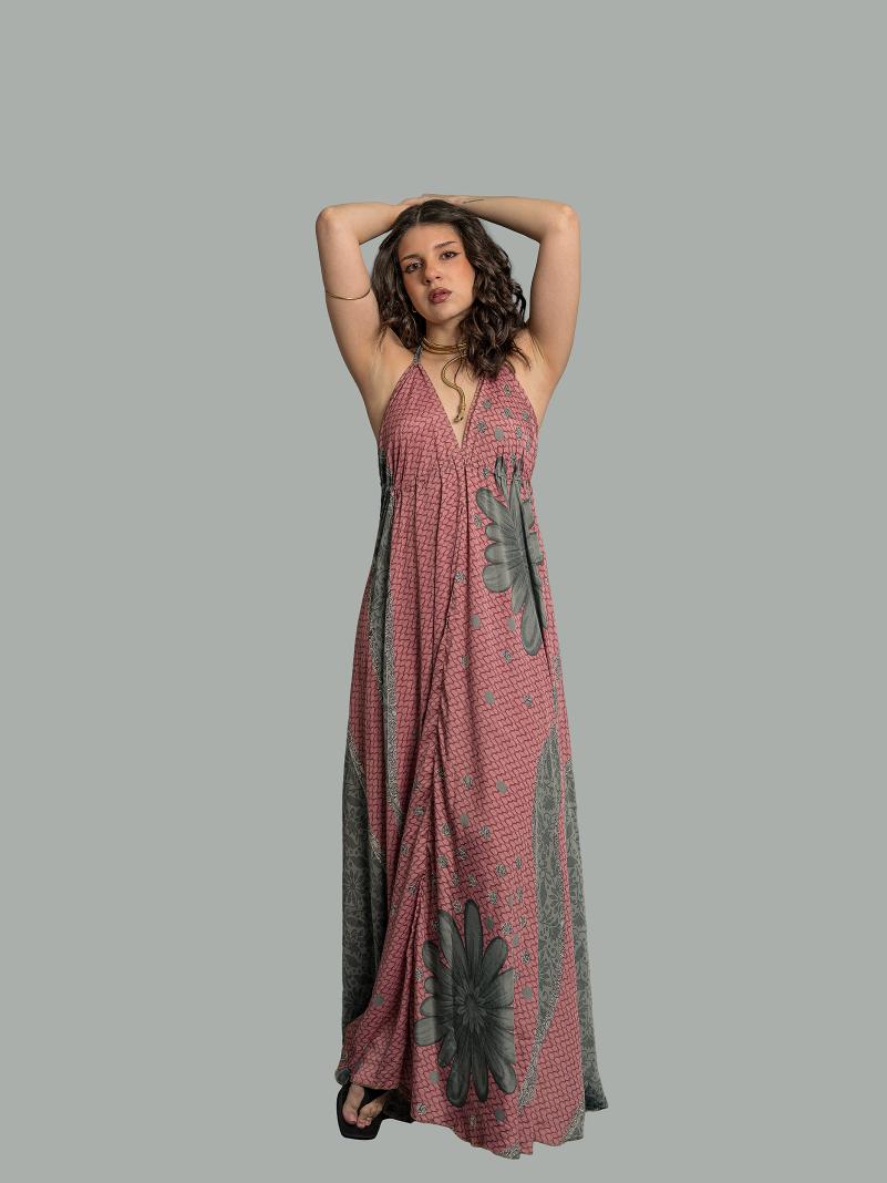 Abito etnico lungo rosa e grigio – Delhi
