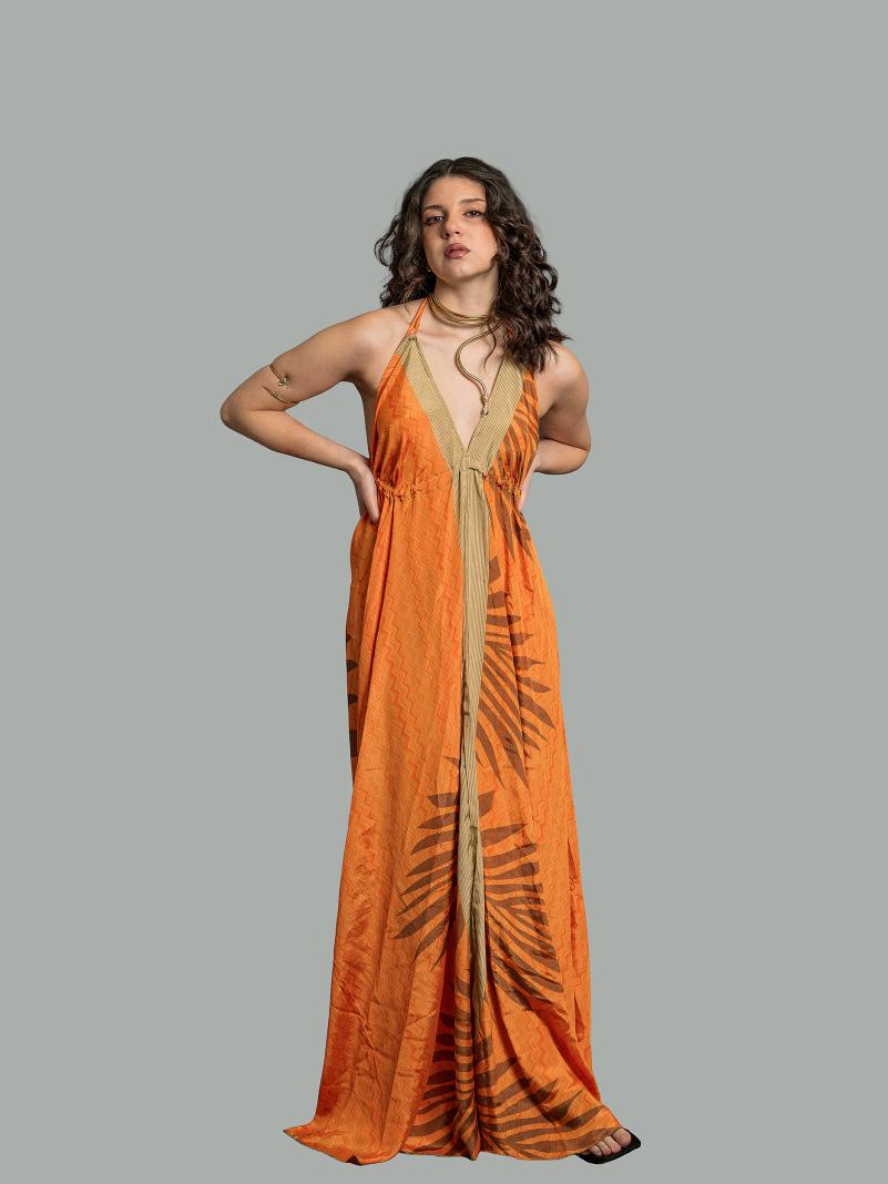 Abito etnico lungo arancione con felce – Delhi