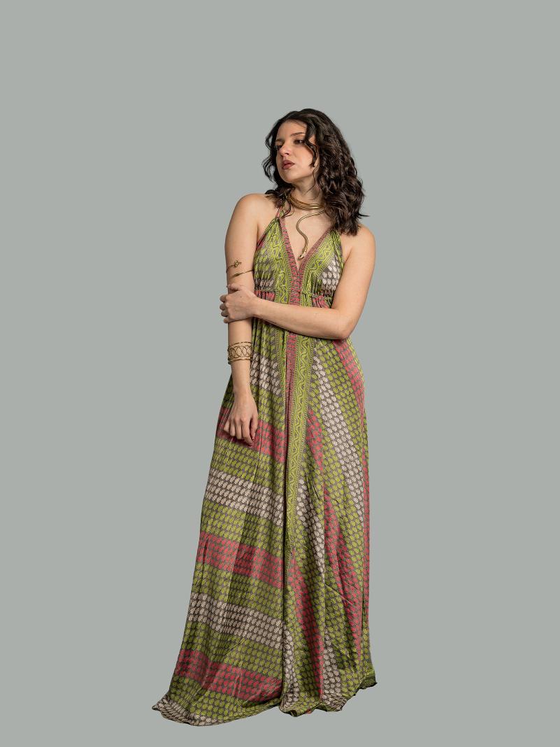 Abito etnico lungo verde bianco e rosso – Delhi