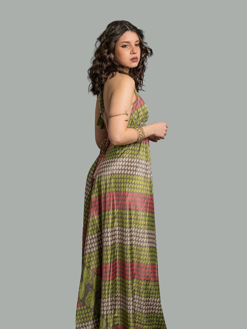 Abito etnico lungo verde bianco e rosso – Delhi