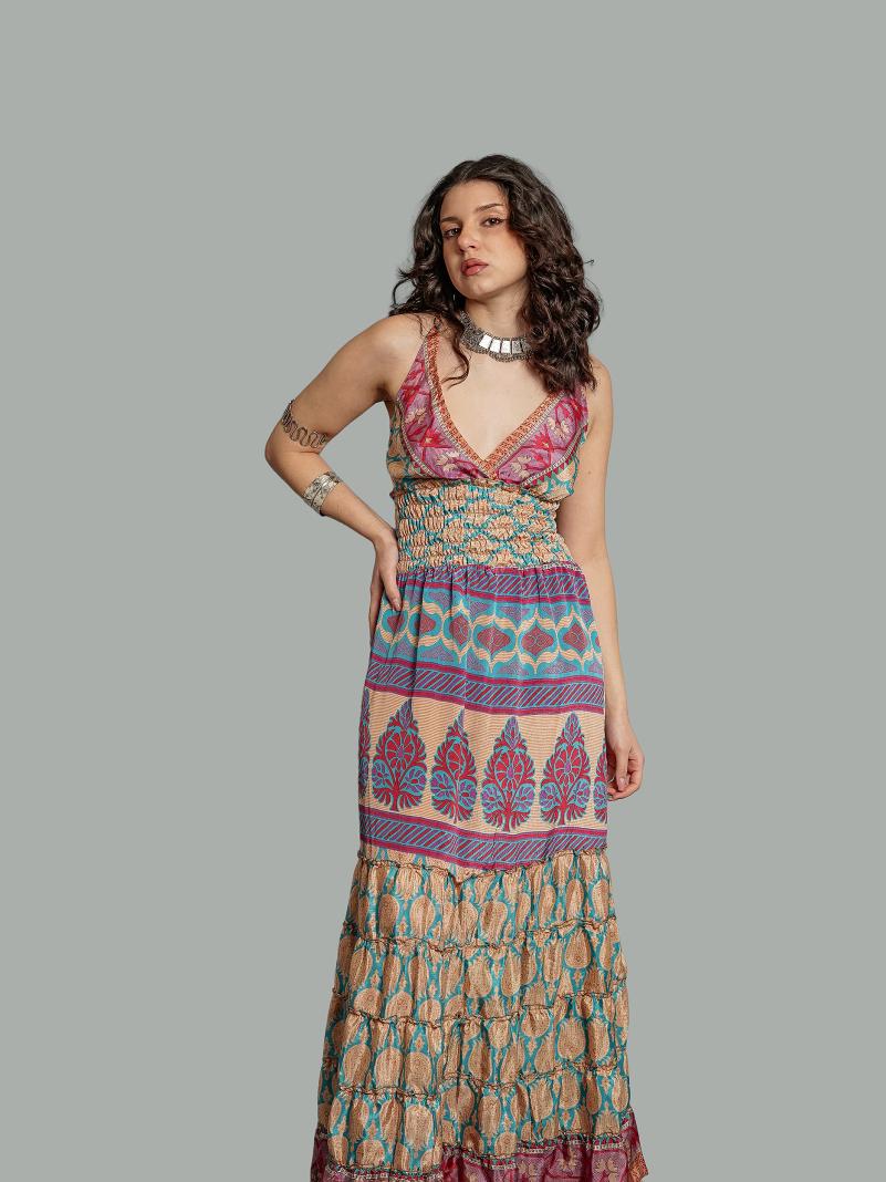 Abito lungo azzurro e ocra - Bihar