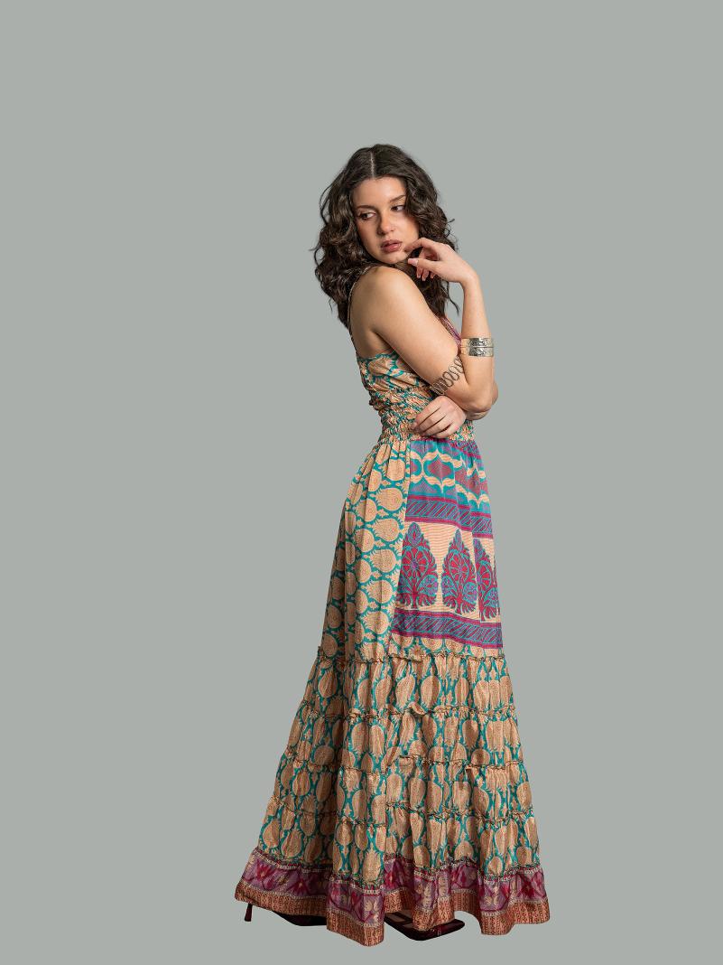 Abito lungo azzurro e ocra - Bihar