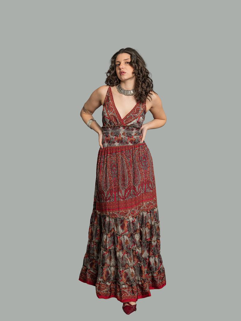 Abito lungo grigio e rosso - Bihar