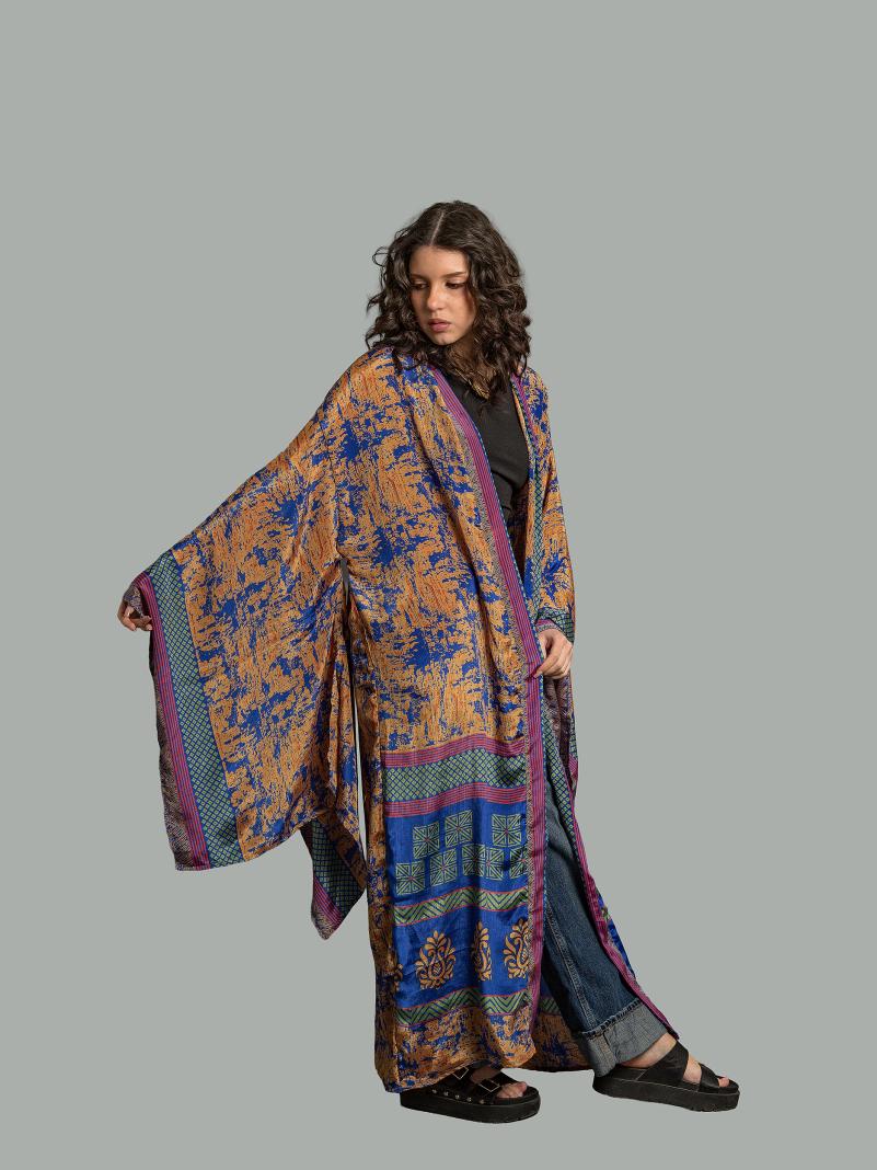 Kimono Manica Larga arancione e blu - Surat