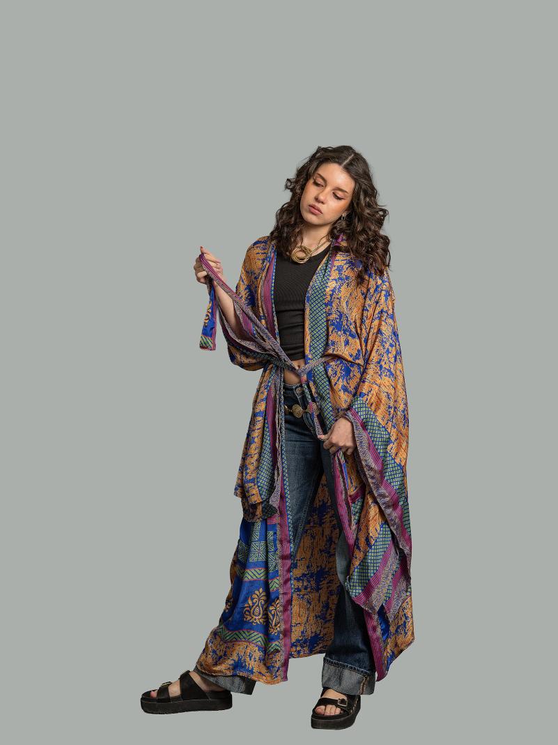 Kimono Manica Larga arancione e blu - Surat