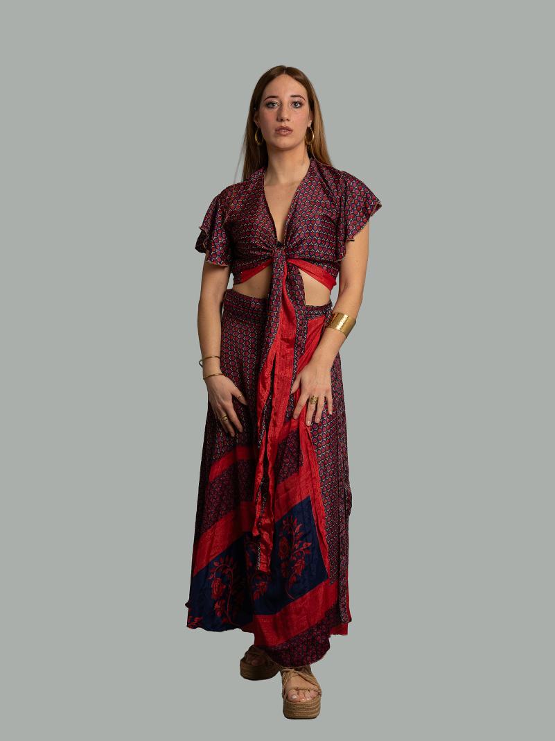 Wrap top e Gonna a Portafoglio blu notte e rosso - Manali