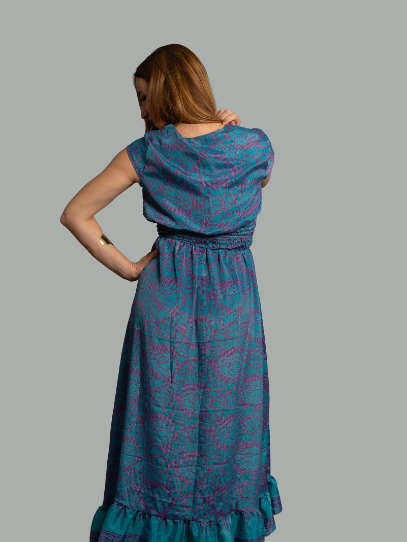 Abito lungo a girocollo blu e viola - Agra