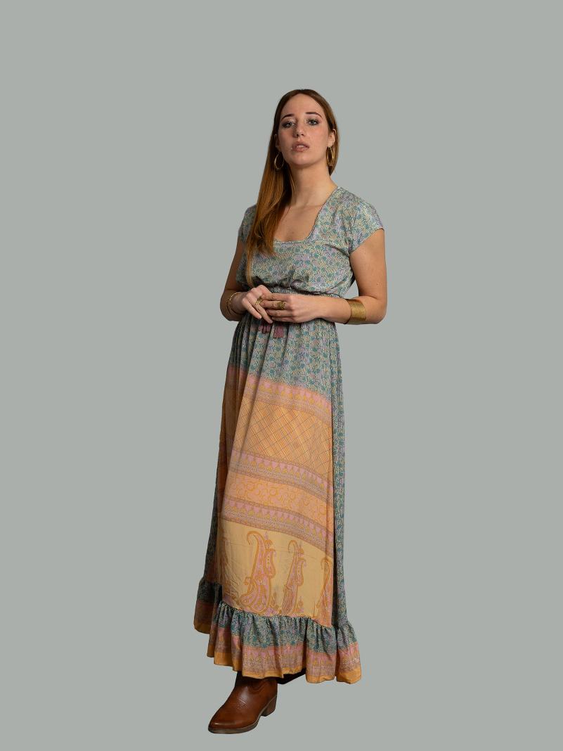 Abito lungo a girocollo fiorellini verdi - Agra