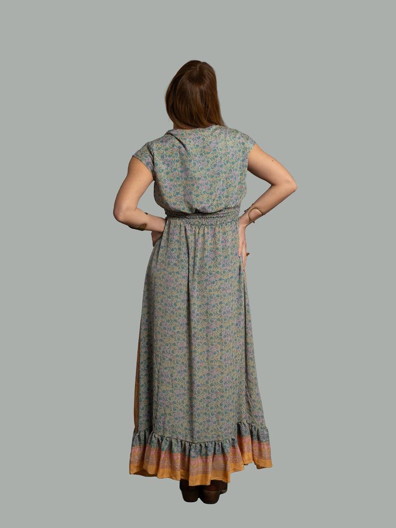 Abito lungo a girocollo fiorellini verdi - Agra