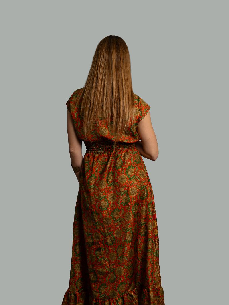 Abito lungo a girocollo arancione e verde - Agra