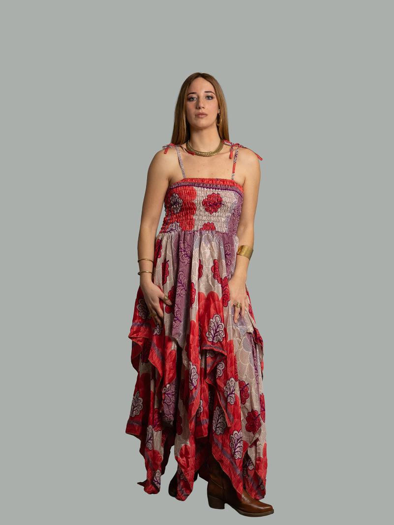 Abito etnico con elastico e spalline rosso bianco – Mumbai