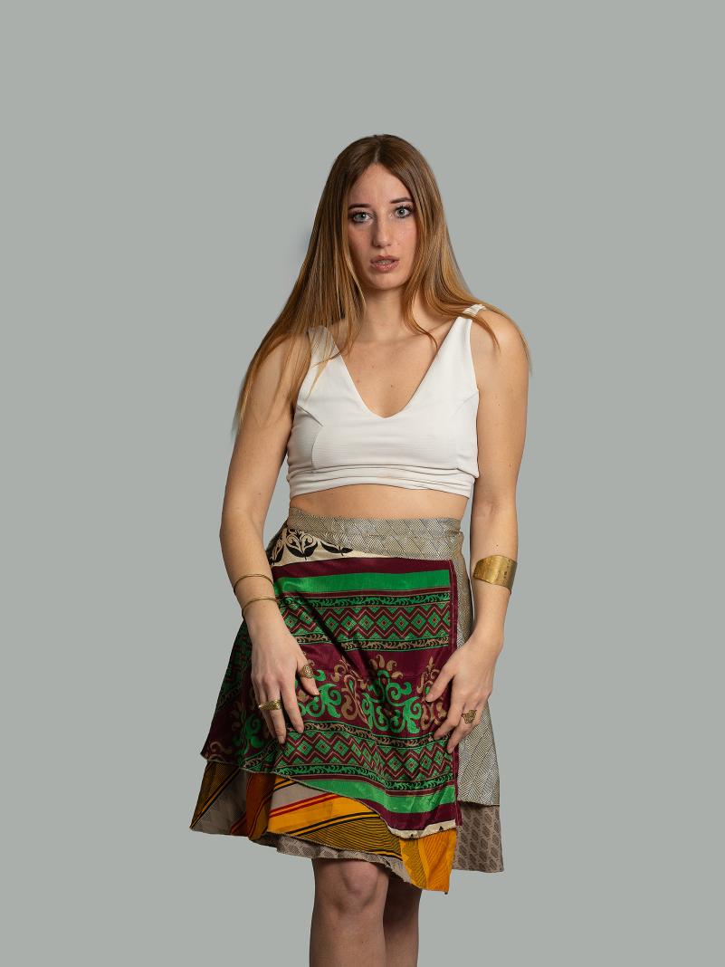 Mini Gonna etnica a portafoglio verde e arancione – Shiva