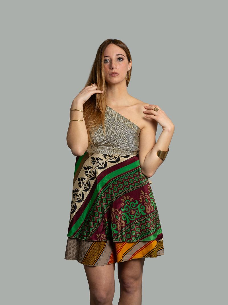 Mini Gonna etnica a portafoglio verde e arancione – Shiva