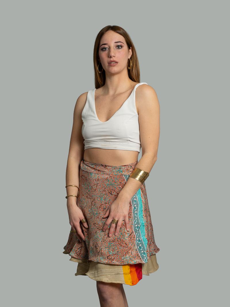 Mini Gonna etnica a portafoglio ocra e azzurro – Shiva