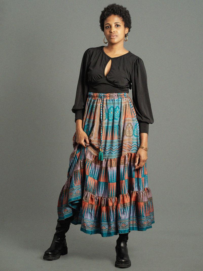 Gonna lunga azzurro e arancione - Bikaner