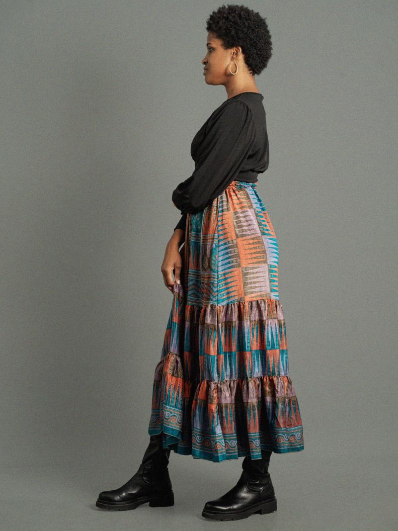 Gonna lunga azzurro e arancione - Bikaner