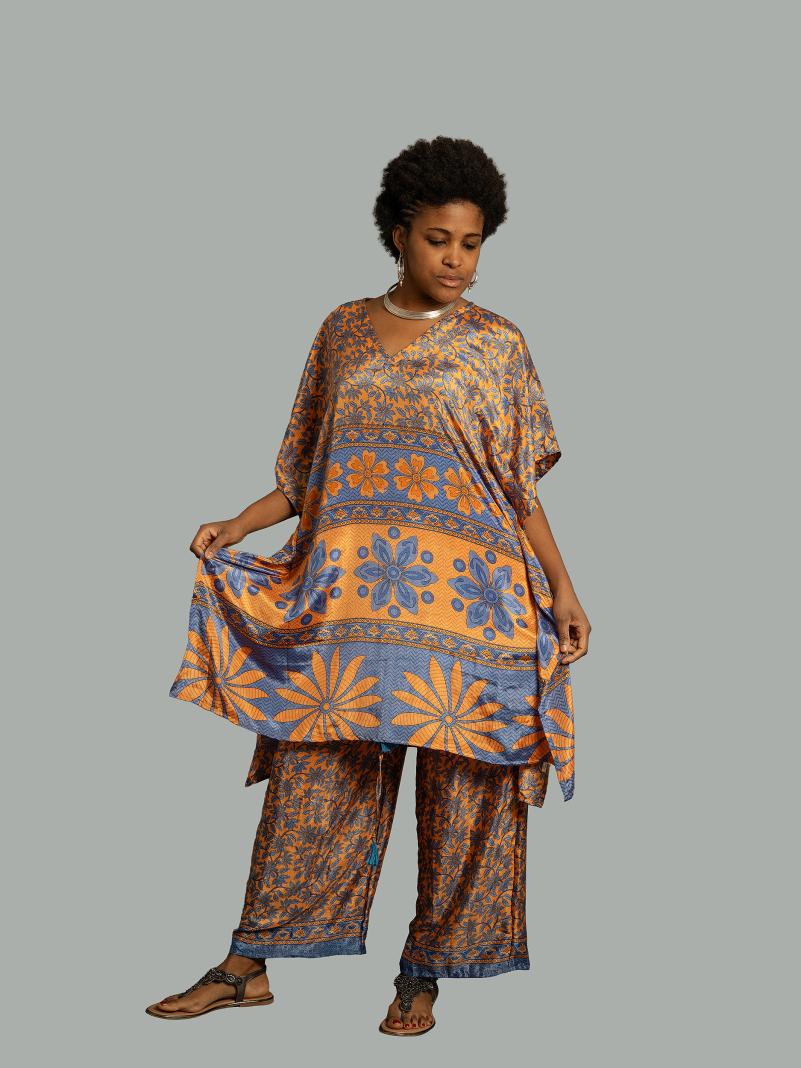 Caftano e pantalone arancione e azzurro - Jaisalmer