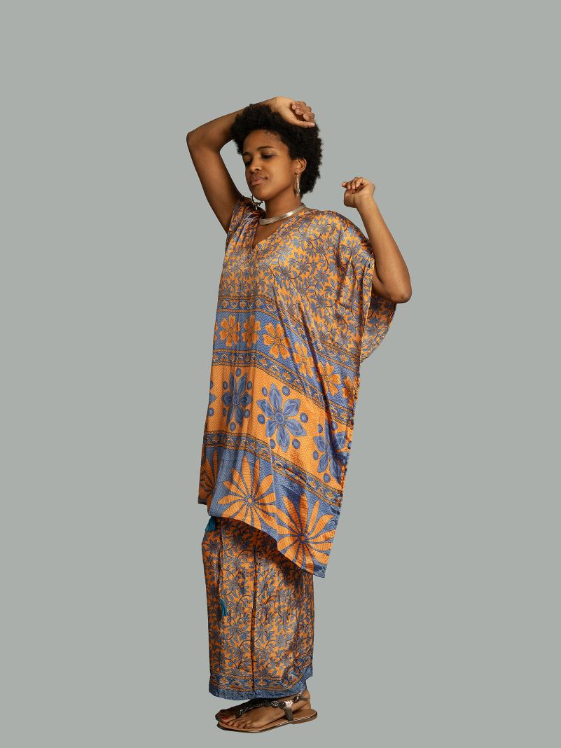 Caftano e pantalone arancione e azzurro - Jaisalmer