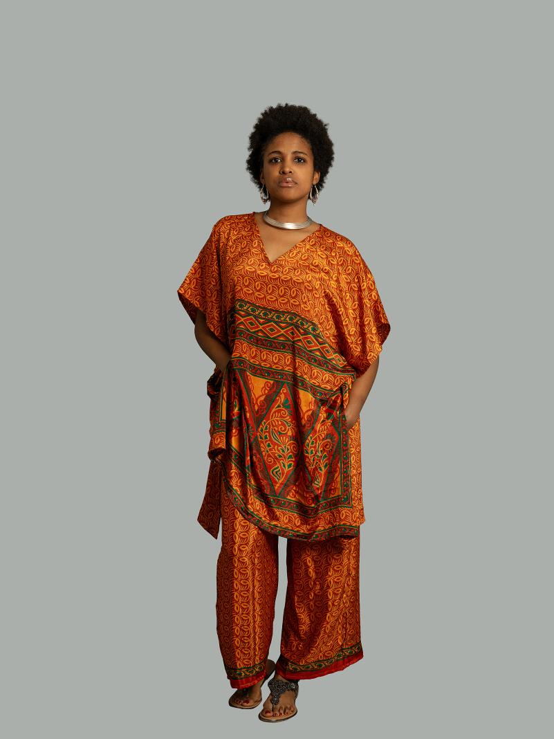 Caftano e pantalone rosso e arancione - Jaisalmer